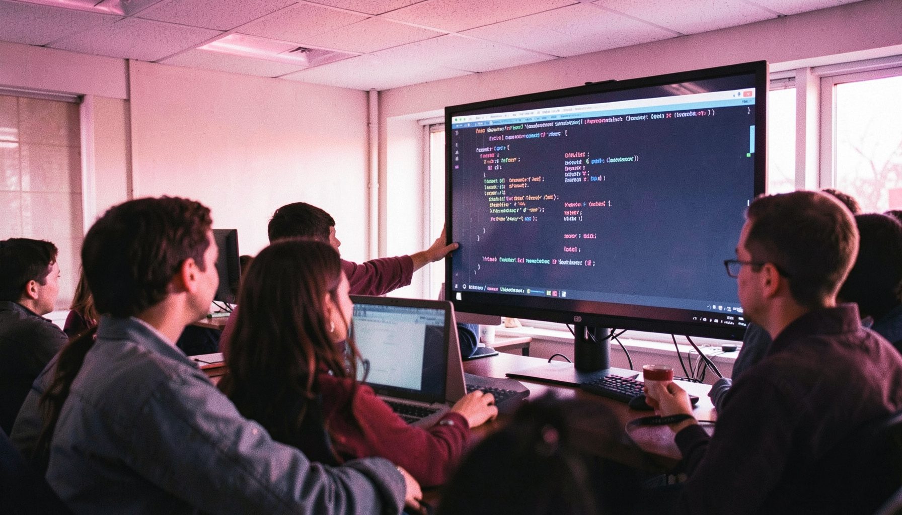An educator demonstrating a Python script on a large monitor to a small group, soft overhead lighting in a computer lab