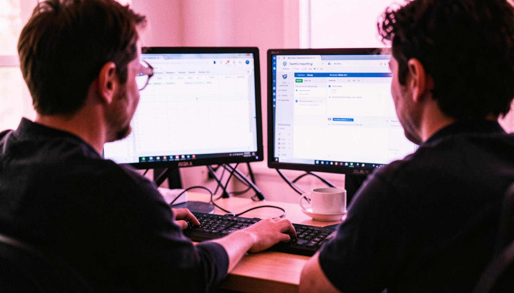 A team member at a desk with dual monitors, one showing a spreadsheet and the other a TeachComputing dashboard