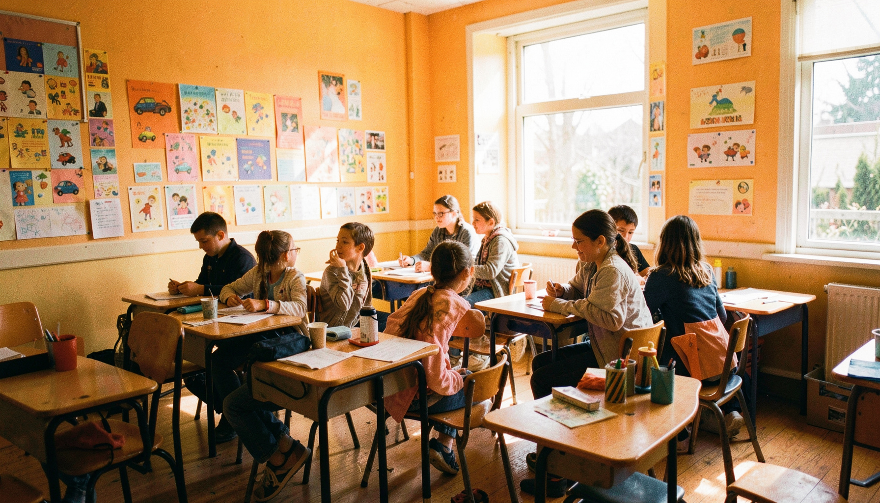 A bright classroom with colourful wall displays and desks arranged in small groups, natural light streaming through large windows