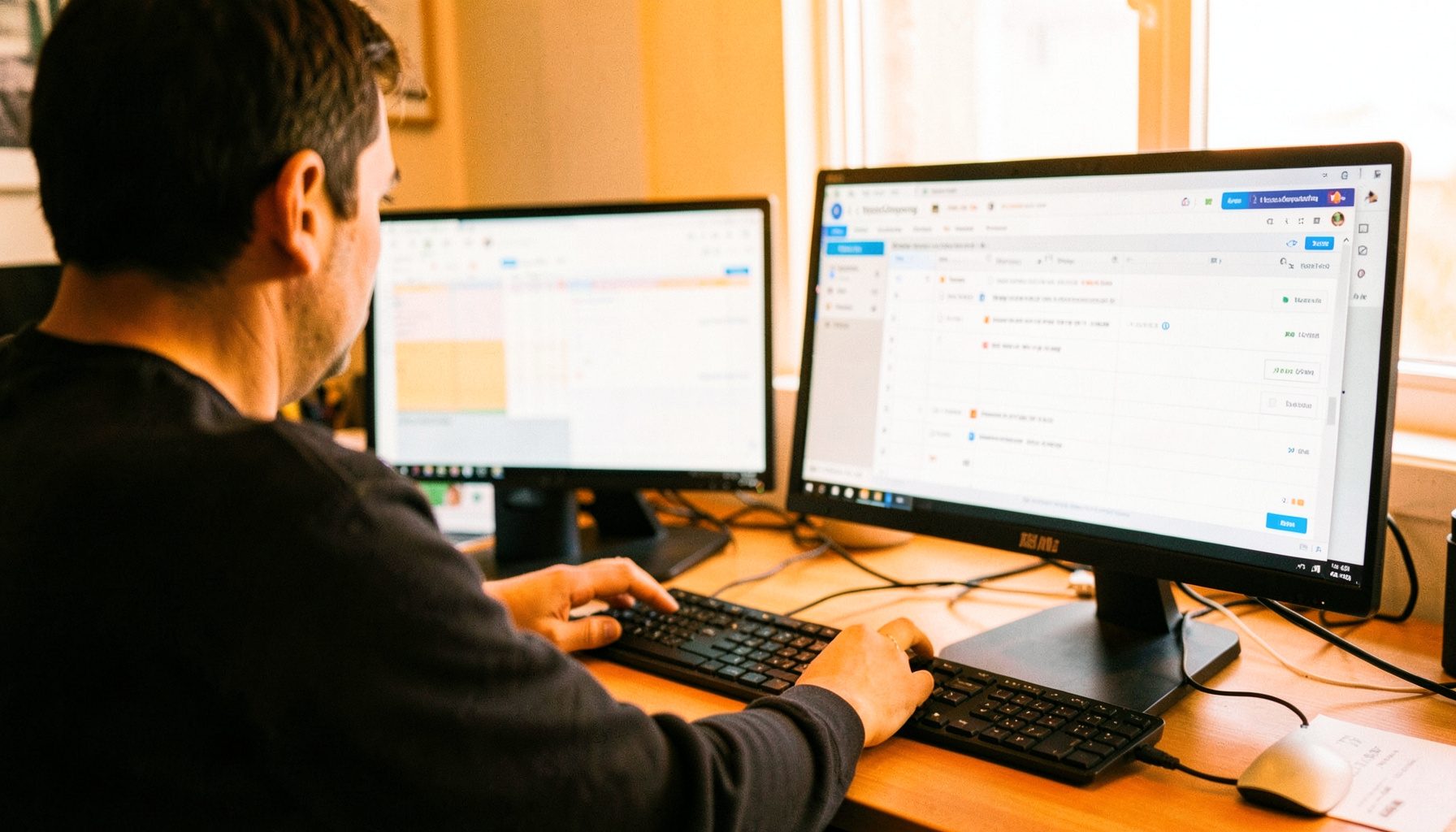 A team member at a desk with dual monitors, one showing a spreadsheet and the other a TeachComputing dashboard