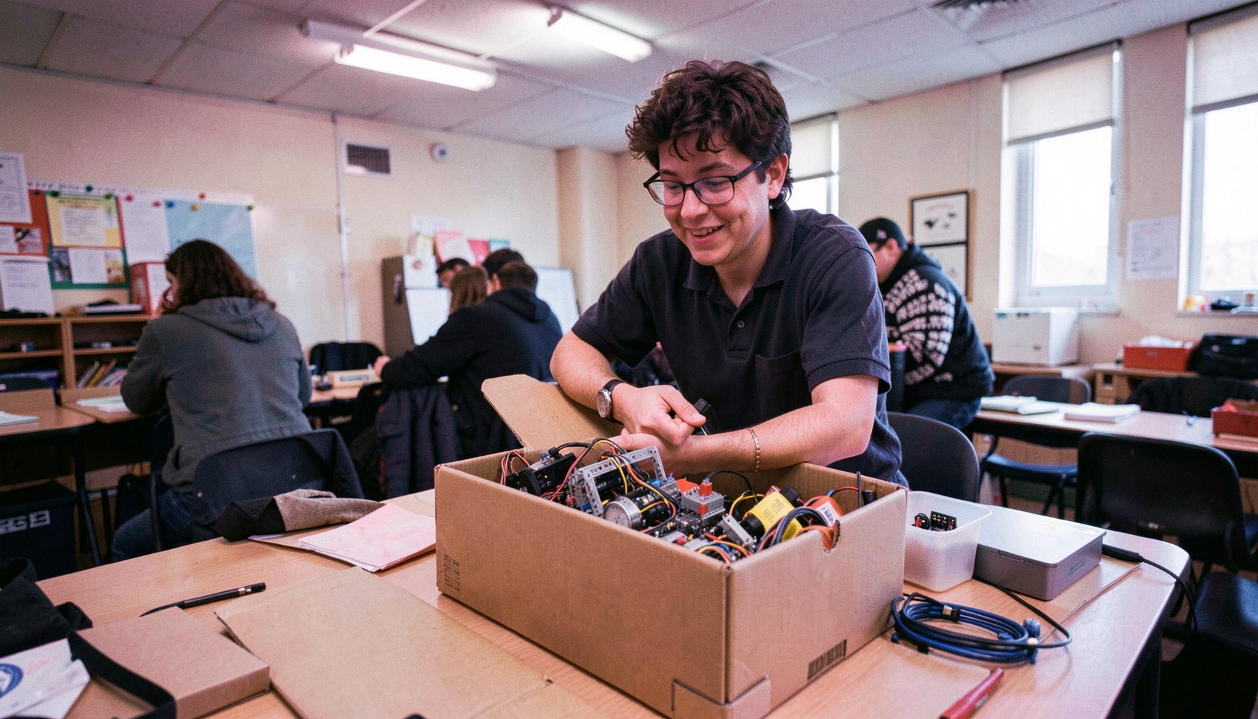 A facilitator unpacking a lending kit box filled with robotics equipment on a classroom table, bright fluorescent lighting