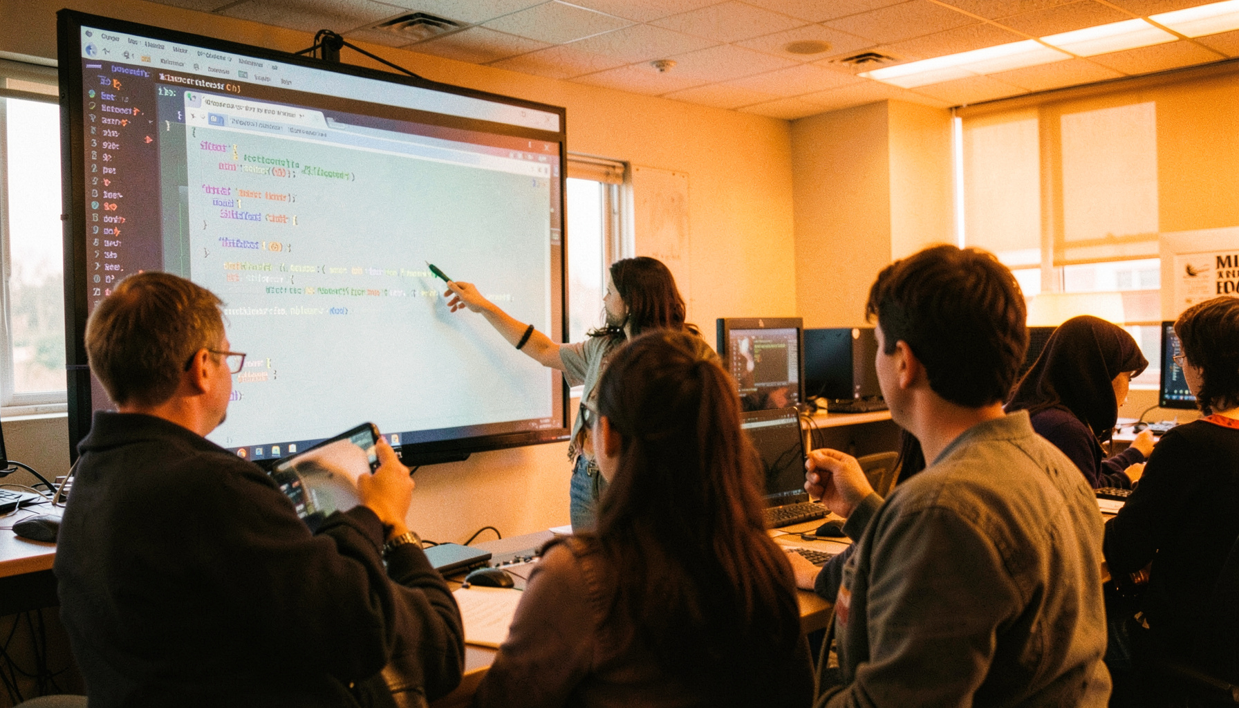 An educator demonstrating a Python script on a large monitor to a small group, soft overhead lighting in a computer lab