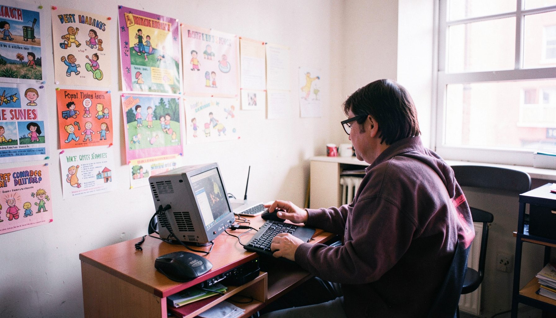 A bright classroom with colourful educational posters on the wall and a teacher's desk with a laptop and computing kit