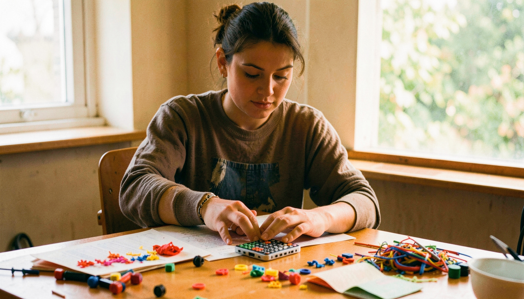 A teacher sitting at a table with a micro:bit kit and colourful craft materials, natural daylight from a nearby window