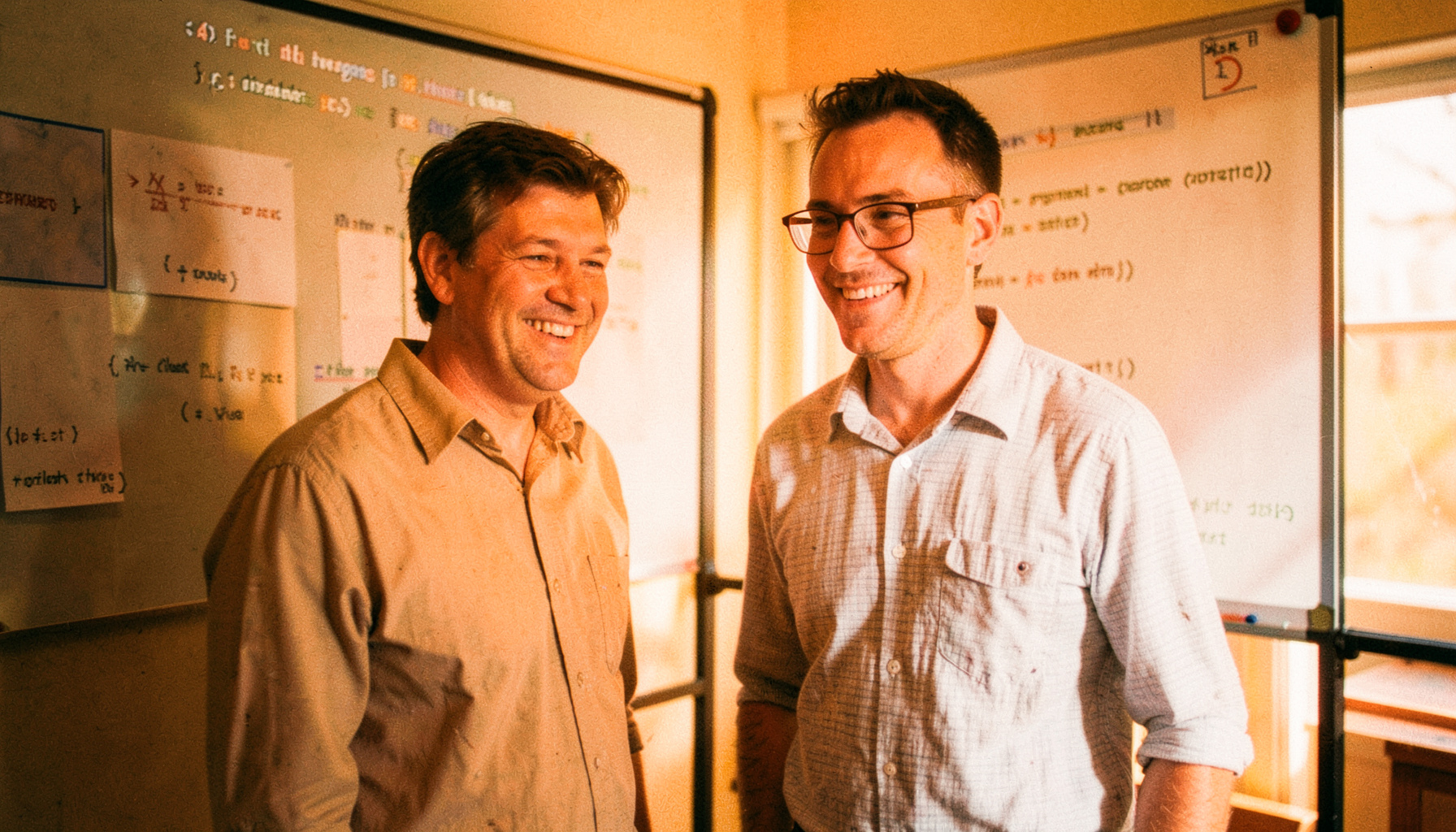 A friendly educator in a casual shirt standing beside an interactive whiteboard displaying code, warm indoor lighting