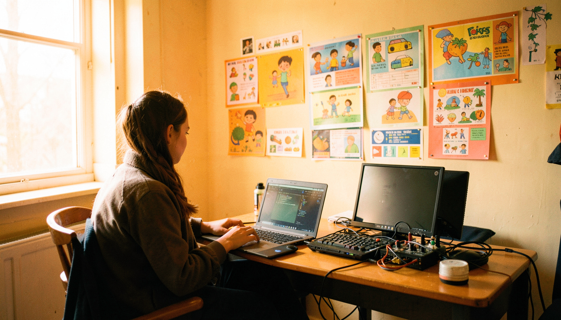 A bright classroom with colourful educational posters on the wall and a teacher's desk with a laptop and computing kit